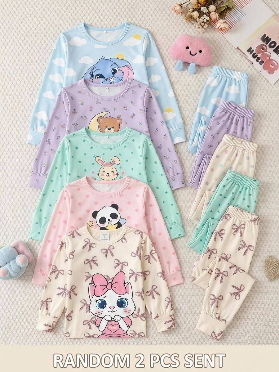 SHEIN Young Girls Autumn/Winter Daily Home Sweet Cartoon Glow-In-The-Dark Heart Rabbit Print Long Sleeve Pullover Top And Matching Long Pants Set, Girls Loungewear 2 Pieces Set, Children's Pajamas Set, Pink Leopard Print Bow, Fitted, Randomly Sent 2 Pieces - Baby Pink - View 1