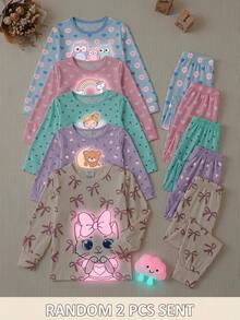 SHEIN Young Girls Autumn/Winter Daily Home Sweet Cartoon Glow-In-The-Dark Heart Rabbit Print Long Sleeve Pullover Top And Matching Long Pants Set, Girls Loungewear 2 Pieces Set, Children's Pajamas Set, Pink Leopard Print Bow, Fitted, Randomly Sent 2 Pieces - Baby Pink - View 6