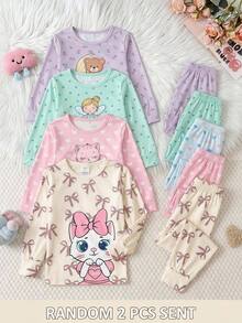 SHEIN Young Girls Autumn/Winter Daily Home Sweet Cartoon Glow-In-The-Dark Heart Rabbit Print Long Sleeve Pullover Top And Matching Long Pants Set, Girls Loungewear 2 Pieces Set, Children's Pajamas Set, Pink Leopard Print Bow, Fitted, Randomly Sent 2 Pieces - Baby Pink - View 4