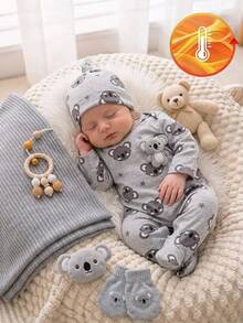 Newborn Baby Koala Print Sleep Jumpsuit & Hat - Light Grey - View 1