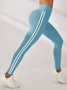 SHEIN Sports Striped Side Tummy Control Sports Leggings Yoga Women Pants - Baby Blue - View 6