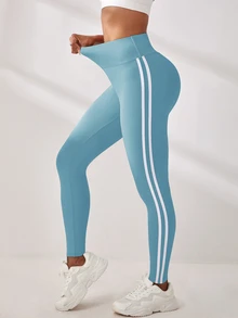 SHEIN Sports Striped Side Tummy Control Sports Leggings Yoga Women Pants - Baby Blue - View 3