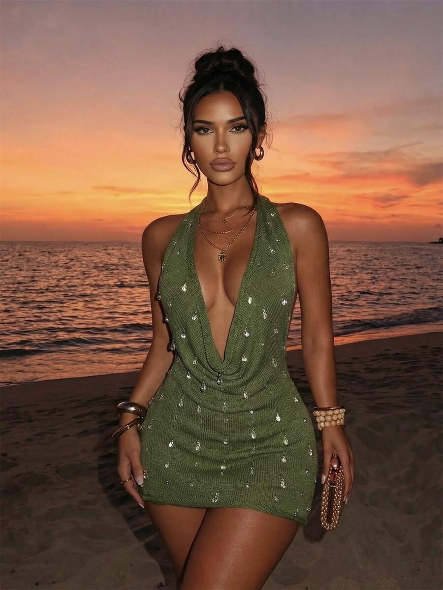 Swim SXY 绿色针织垂褶领露背性感沙滩罩衫,饰有水晶,手工制作时尚度假连衣裙 - 綠色 - 查看 1