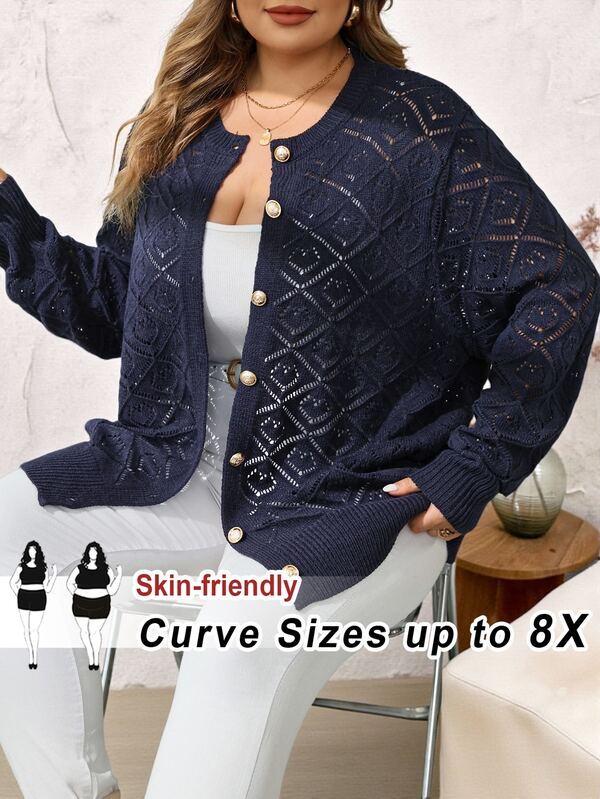 SHEIN CURVE+ Plus Size Hollow Out Solid Color Minimalist Casual Long Sleeve Cardigan, Suitable For Autumn/Winter Women's Wear