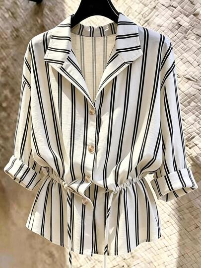 Franclia New Women's Slouchy Casual Loose Slimming Drawstring Long Sleeve Striped Shirt
