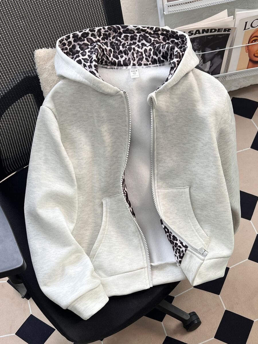 SHEIN Sparklyn 青少年女孩純色蝴蝶結裝飾袖口抓絨內裡運動外套 開學季風格 - 灰色 - 查看 1
