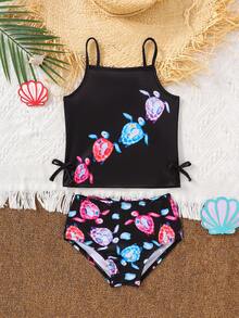 2pcs/Set Girls Turtle Print Swimsuit, Includes Turtle Print Tankini Top And Turtle Print Swimshorts, Suitable For Beach Vacation - Multicolor - View 3