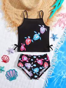 2pcs/Set Girls Turtle Print Swimsuit, Includes Turtle Print Tankini Top And Turtle Print Swimshorts, Suitable For Beach Vacation - Multicolor - View 1