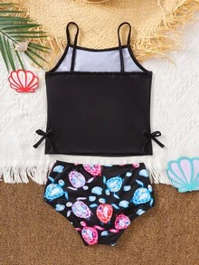 2pcs/Set Girls Turtle Print Swimsuit, Includes Turtle Print Tankini Top And Turtle Print Swimshorts, Suitable For Beach Vacation - Multicolor - View 2