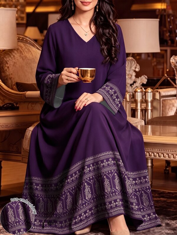SHEIN Najma Gaun Lengan Panjang Leher V Motif Simetri Bunga & Geometris untuk Wanita, Gaun Gaya Arab Elegan, Musim Semi/Panas