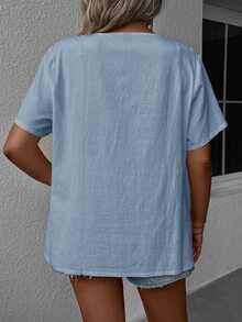 Comfylo Plus Size Women Solid Color V-Neck Casual Versatile Daily Short Sleeve Shirt - Baby Blue - View 2
