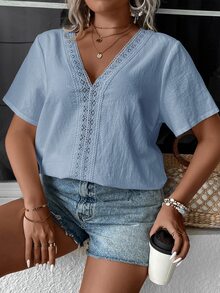 Comfylo Plus Size Women Solid Color V-Neck Casual Versatile Daily Short Sleeve Shirt - Baby Blue - View 6