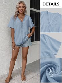 Comfylo Plus Size Women Solid Color V-Neck Casual Versatile Daily Short Sleeve Shirt - Baby Blue - View 7