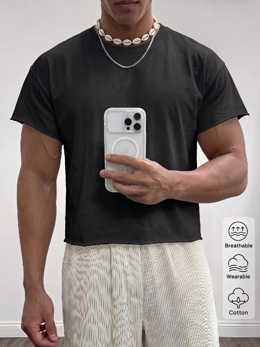 Manfinity BRENVOR 方正短版 100% 純棉 T-shirt - 黑色 - 查看 1