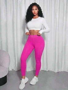 SHEIN Sports Essential 低腰亮粉色收臀提臀瑜伽緊身褲，側邊反光箔印花，適合健身房、皮拉提斯、夏季穿著 - 玫紅色 - 查看 3