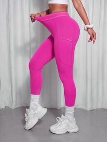 SHEIN Sports Essential 低腰亮粉色收臀提臀瑜伽緊身褲，側邊反光箔印花，適合健身房、皮拉提斯、夏季穿著 - 玫紅色 - 查看 2