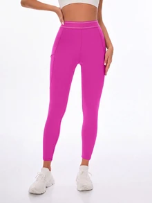 SHEIN Sports Essential 低腰亮粉色收臀提臀瑜伽緊身褲，側邊反光箔印花，適合健身房、皮拉提斯、夏季穿著 - 玫紅色 - 查看 6