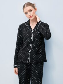 Softvol 2件組女款舒適迷你波點印花長袖翻領上衣與蝴蝶結長褲睡衣套裝，秋冬款 - 黑色 - 查看 8