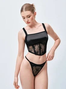 Softvol Women's Contrast Lace Camisole Lingerie Set - Black - View 5