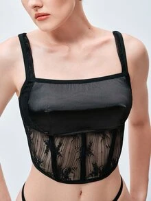Softvol Women's Contrast Lace Camisole Lingerie Set - Black - View 6