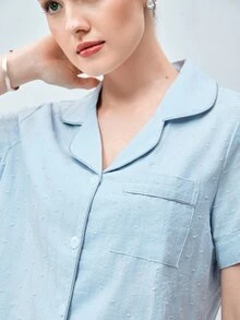 Softvol Women's 100% Cotton Blue Jacquard Short Sleeve & Shorts Summer Open Front Pajama Set - Blue - View 5