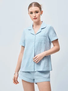 Softvol Women's 100% Cotton Blue Jacquard Short Sleeve & Shorts Summer Open Front Pajama Set - Blue - View 4