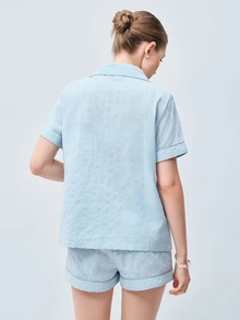 Softvol Women's 100% Cotton Blue Jacquard Short Sleeve & Shorts Summer Open Front Pajama Set - Blue - View 2