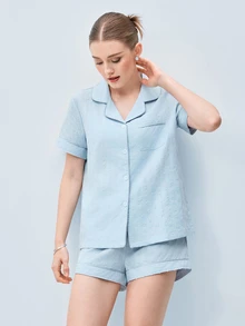 Softvol Women's 100% Cotton Blue Jacquard Short Sleeve & Shorts Summer Open Front Pajama Set - Blue - View 6