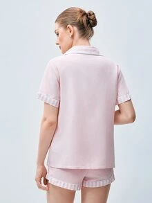 Softvol 極簡純色拼接條紋舒適短褲睡衣兩件組 - 淺粉色 - 查看 2