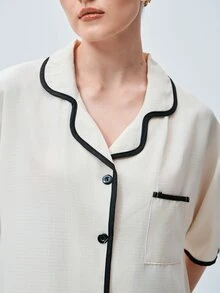 Softvol 女士撞色领口袋短袖衬衫裙 - 杏色 - 查看 6