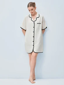 Softvol 女士撞色领口袋短袖衬衫裙 - 杏色 - 查看 7