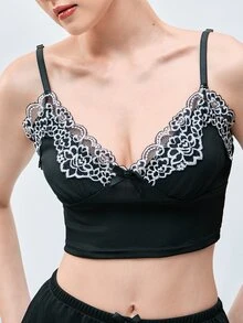 Softvol 2件組性感女款睡衣套裝，可調節細肩帶短版上衣，對比蕾絲蝴蝶結裝飾短褲，舒適迷人睡衣套裝 - 黑色 - 查看 7