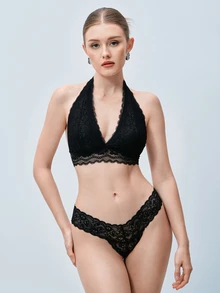 Softvol Women's Sexy Lace Solid Color Halter Neck Bra, Summer - Black - View 4