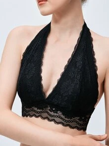 Softvol Women's Sexy Lace Solid Color Halter Neck Bra, Summer - Black - View 8
