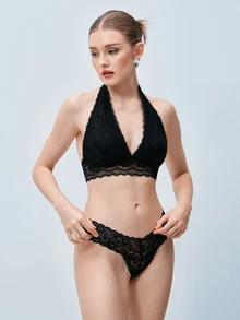 Softvol Women's Sexy Lace Solid Color Halter Neck Bra, Summer - Black - View 5