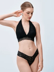 Softvol Women's Sexy Lace Solid Color Halter Neck Bra, Summer - Black - View 1