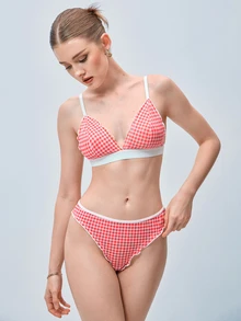 Softvol 2pcs/Set Women's Lingerie Set With Plaid And Frill Trim Design - Red - View 4