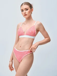 Softvol 2pcs/Set Women's Lingerie Set With Plaid And Frill Trim Design - Red - View 8