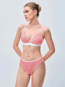 Softvol 2pcs/Set Women's Lingerie Set With Plaid And Frill Trim Design - Red - View 1