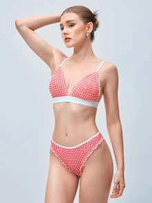 Softvol 2pcs/Set Women's Lingerie Set With Plaid And Frill Trim Design - Red - View 9