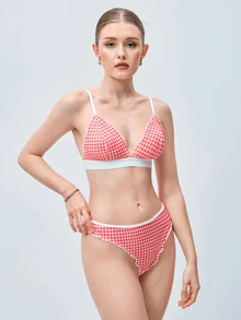 Softvol 2pcs/Set Women's Lingerie Set With Plaid And Frill Trim Design - Red - View 5
