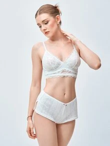 Softvol 1pc Women's French Style Semi-Sheer Lace Wide Hem Design Wireless No Padding Comfortable Back Closure Triangle Cup Bra - White - View 1