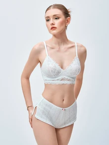 Softvol 1pc Women's French Style Semi-Sheer Lace Wide Hem Design Wireless No Padding Comfortable Back Closure Triangle Cup Bra - White - View 6