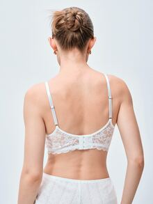 Softvol 1pc Women's French Style Semi-Sheer Lace Wide Hem Design Wireless No Padding Comfortable Back Closure Triangle Cup Bra - White - View 2