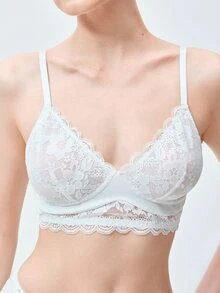 Softvol 1pc Women's French Style Semi-Sheer Lace Wide Hem Design Wireless No Padding Comfortable Back Closure Triangle Cup Bra - White - View 8