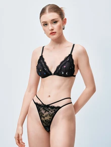 Softvol 1pc Women's Sexy Lace Patchwork Printed Fabric Wireless Non-Padded Comfortable Front Closure Triangle Cup Bra - Black - View 4