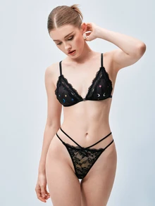 Softvol 1pc Women's Sexy Lace Patchwork Printed Fabric Wireless Non-Padded Comfortable Front Closure Triangle Cup Bra - Black - View 6