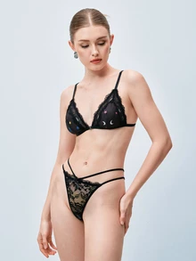 Softvol 1pc Women's Sexy Lace Patchwork Printed Fabric Wireless Non-Padded Comfortable Front Closure Triangle Cup Bra - Black - View 5
