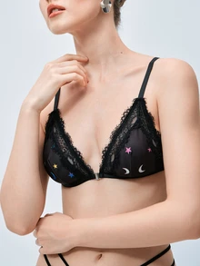 Softvol 1pc Women's Sexy Lace Patchwork Printed Fabric Wireless Non-Padded Comfortable Front Closure Triangle Cup Bra - Black - View 7