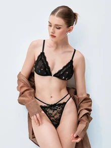 Softvol 1pc Women's Sexy Lace Patchwork Printed Fabric Wireless Non-Padded Comfortable Front Closure Triangle Cup Bra - Black - View 9